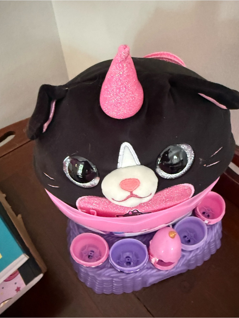 Plush Black & Pink Unicorn Cat Kids Accessory Pouch